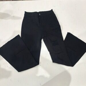 Black Flared Women's Pants Viscose Blend Button Flat Front 29in Inseam SheIn